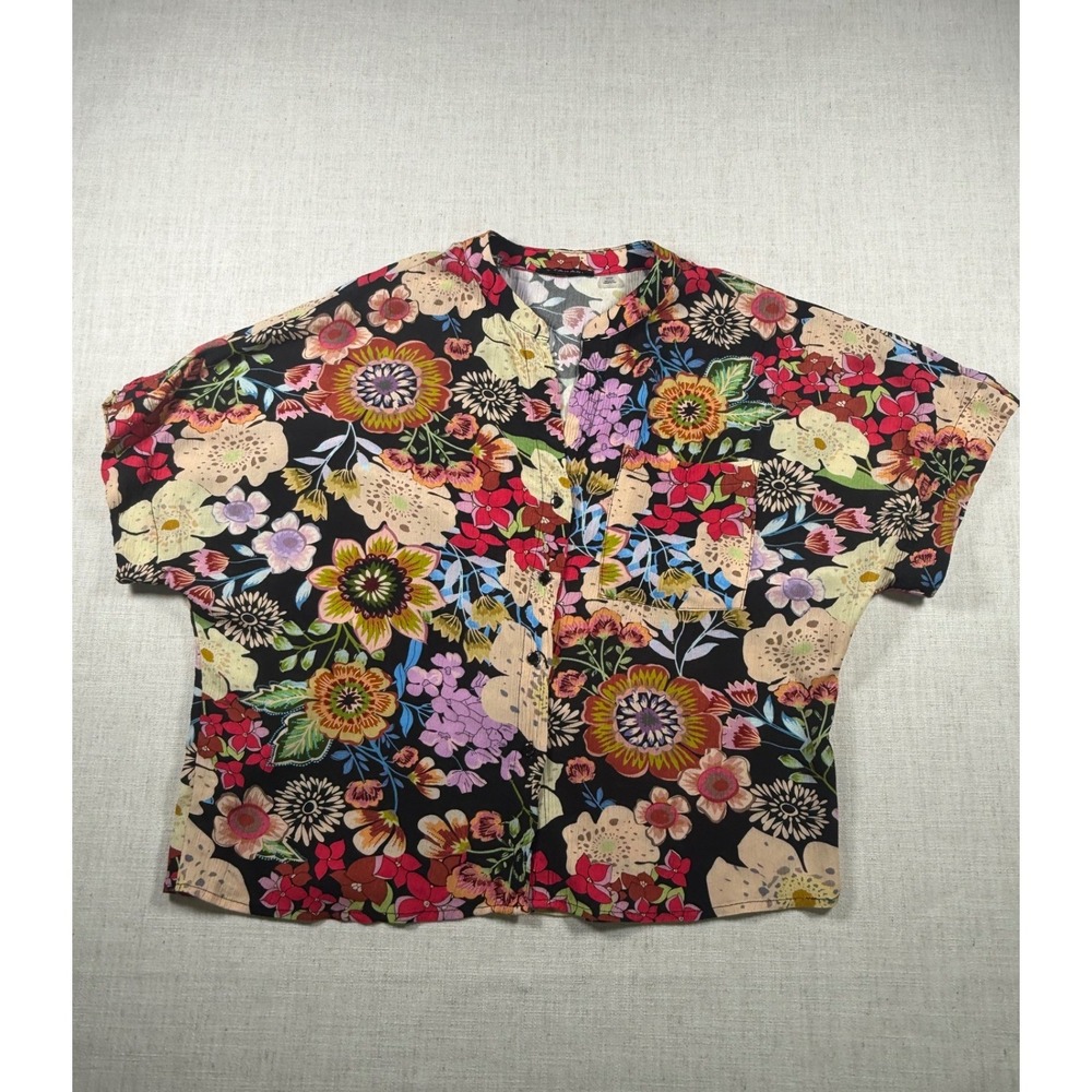 T Tahari Womens Floral Button Down Shirt Short Sleeve Rayon Multi Color Size M